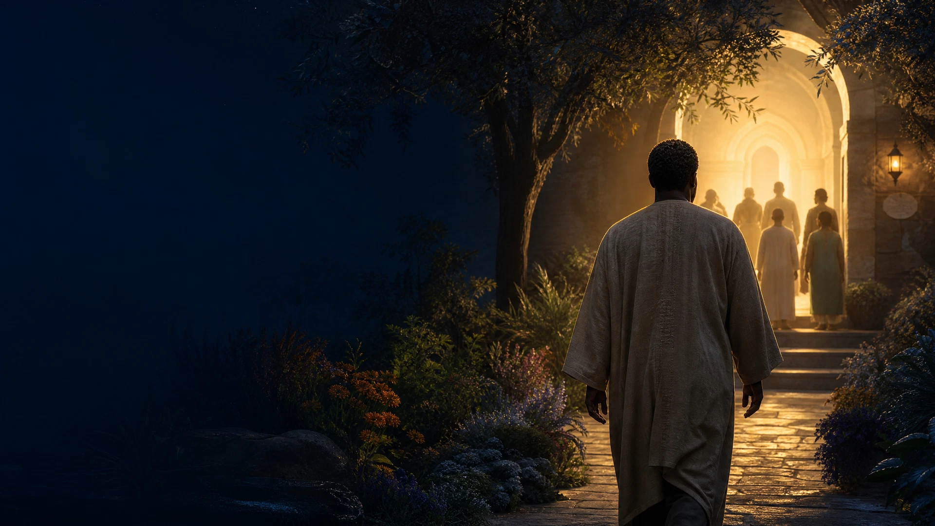A worshipper seeking God in a quiet nighttime setting illuminated by warm light